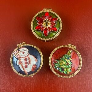 3 Christopher Radko Christmas trinket boxes. Enamel with rhinestones signed.